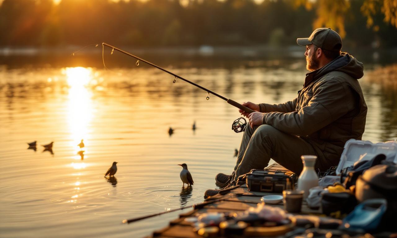 Мужчина на причале внимательно следит за своим спиннингом на озере во время рассвета.