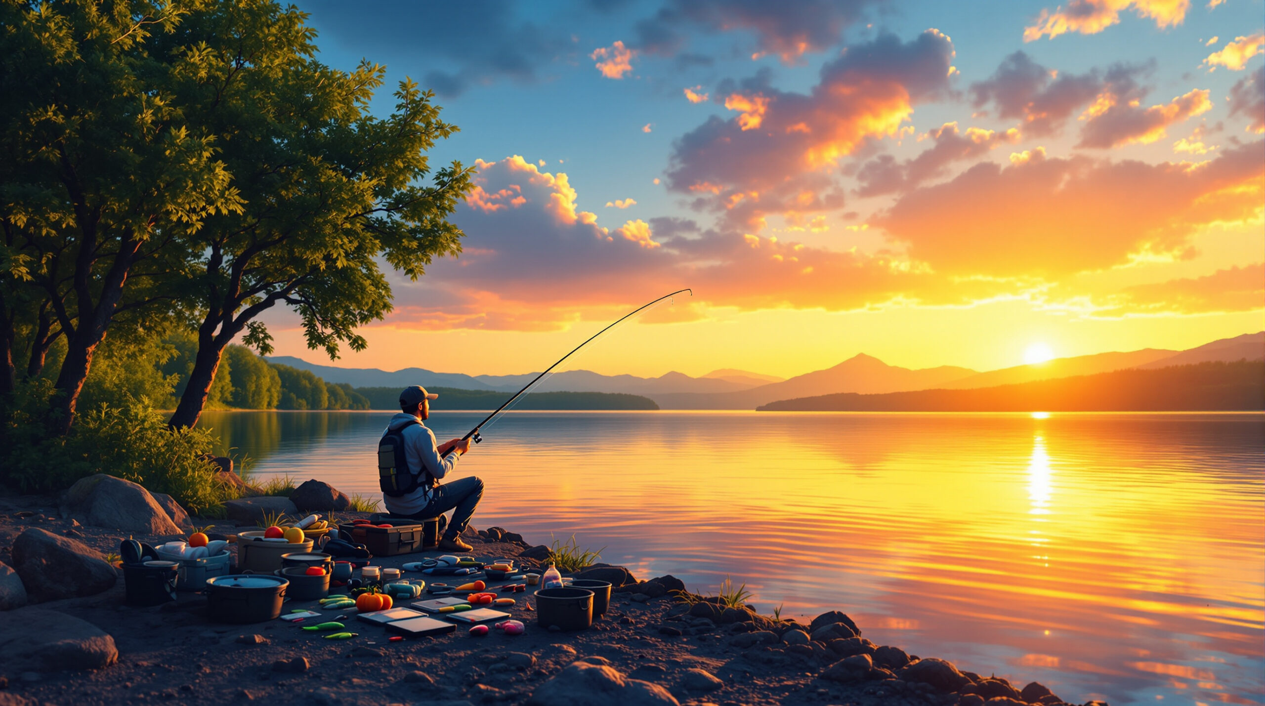 Начинающий рыбак ловит сома с берега у улыбающегося озера на фоне заката.