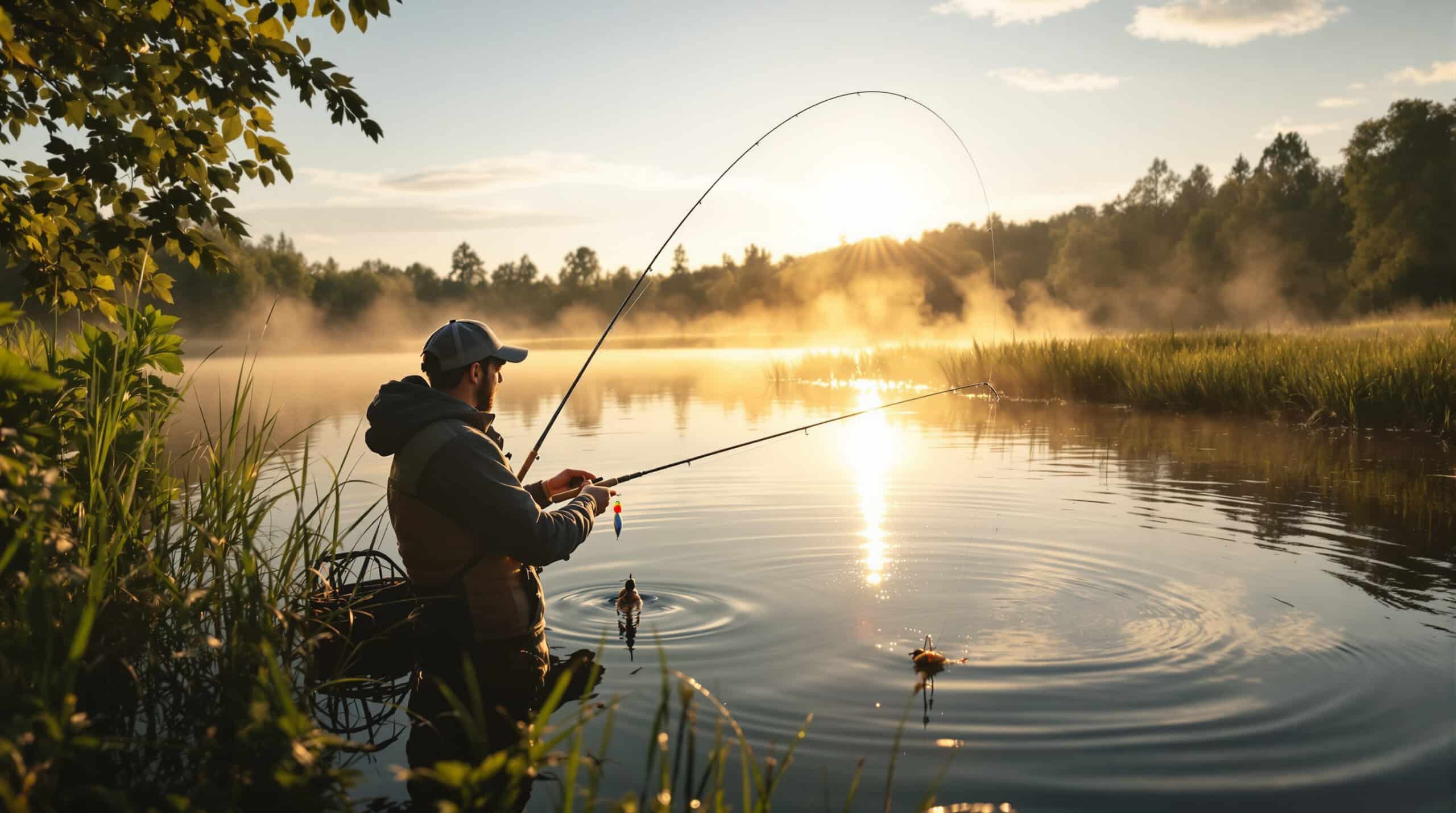 A beginner angler fishing for pike at dawn, with a shiny lure and experienced fishermen in the background.
