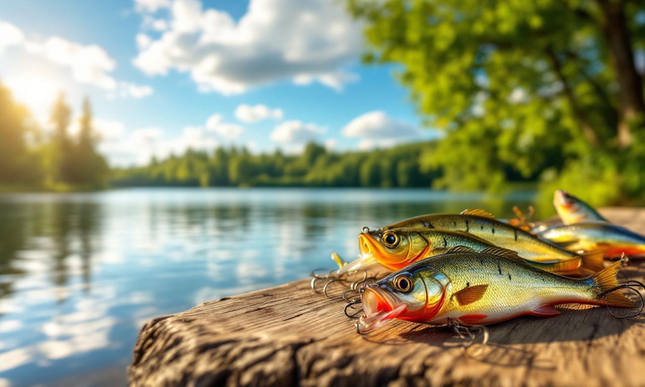 Лучшие блесны для ловли окуня на фоне летнего озера.