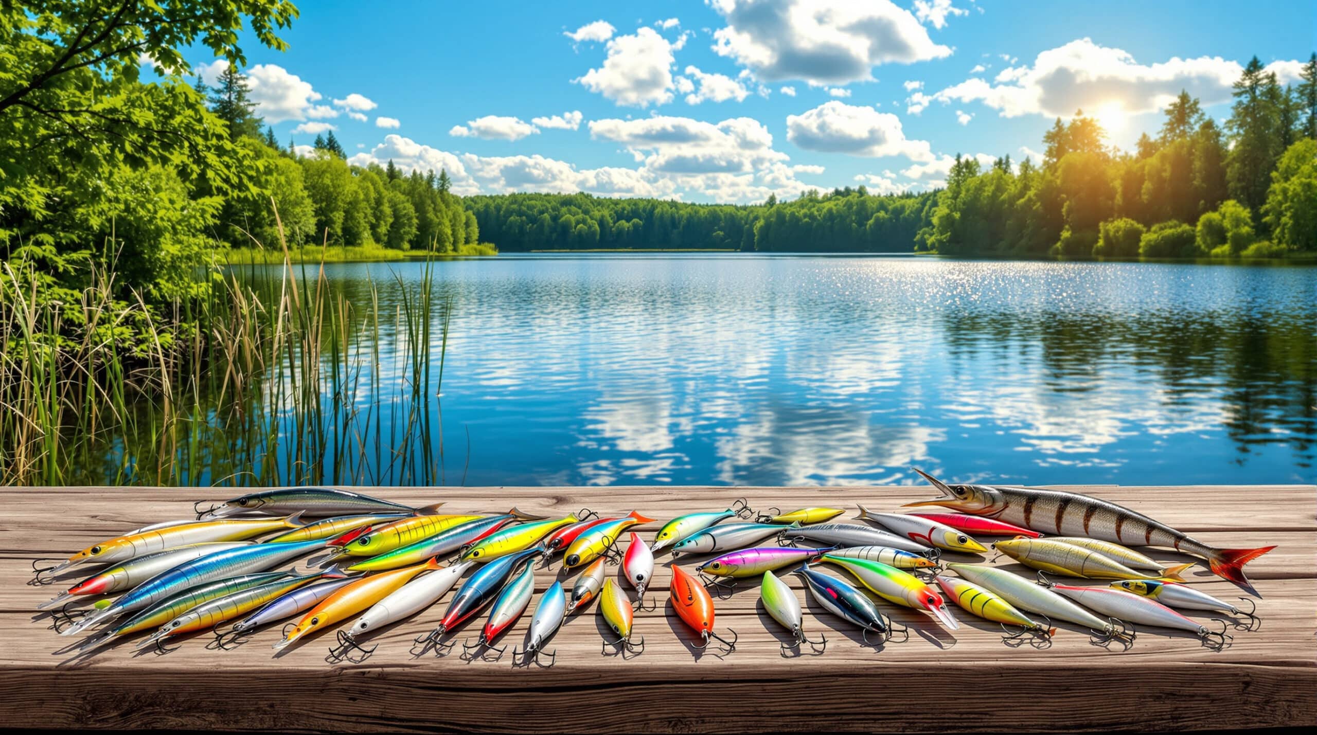 Композиция с разнообразными воблерами на столе у водоема и красивым фоном.