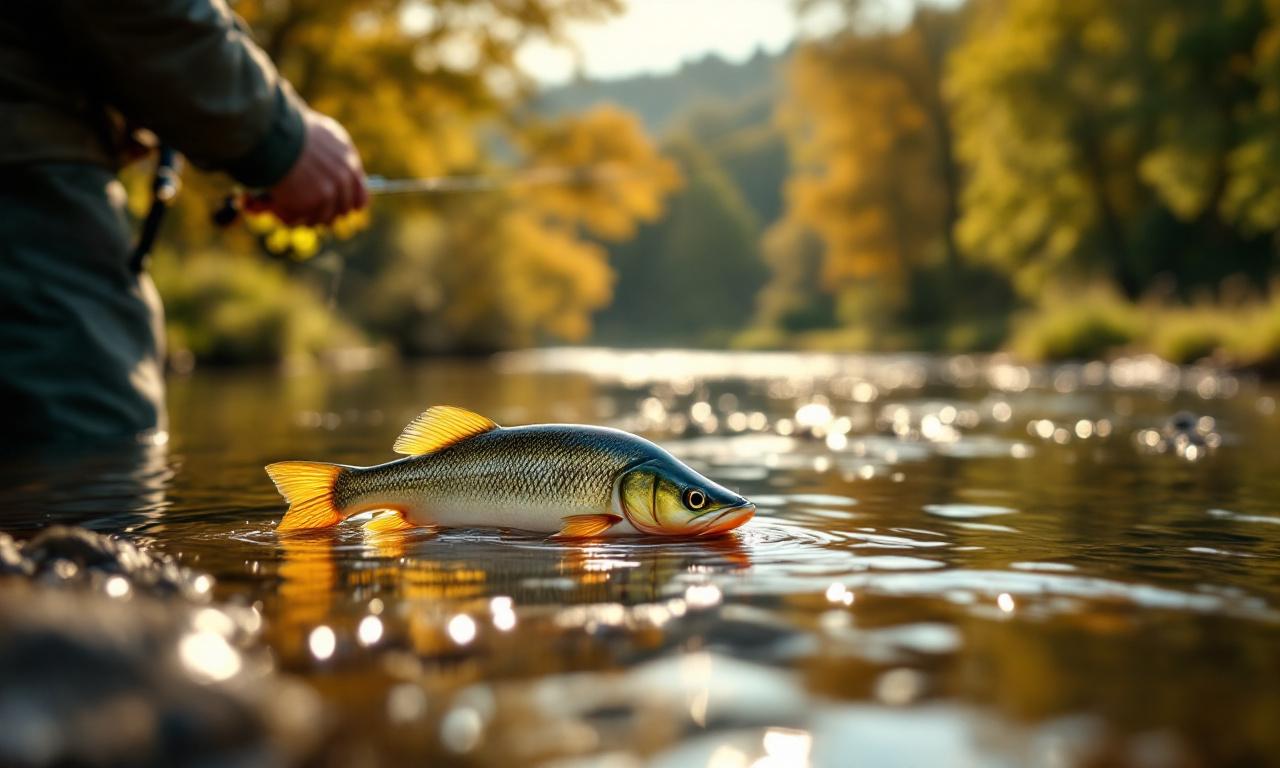 Подводный рыбак с приманкой на речном берегу, солнечный день, природа.