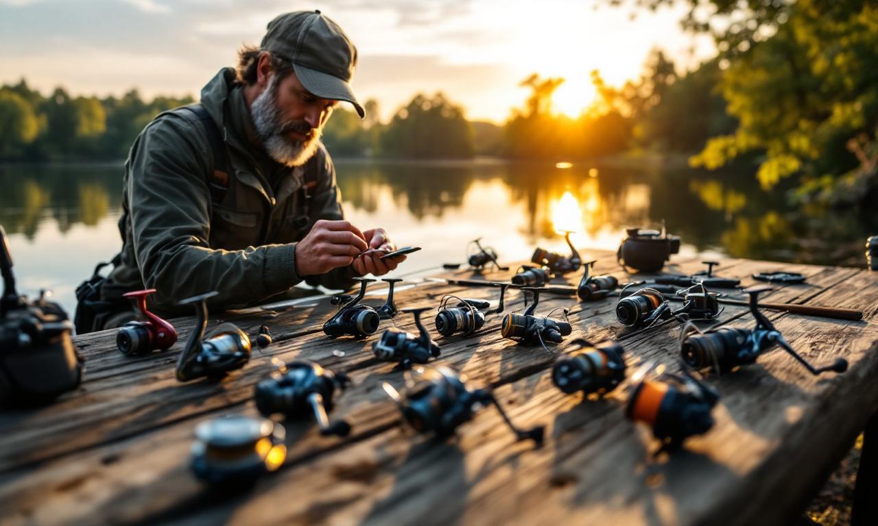 Эксперт по рыбалке выбирает катушку для спиннинга на фоне спокойного озера.