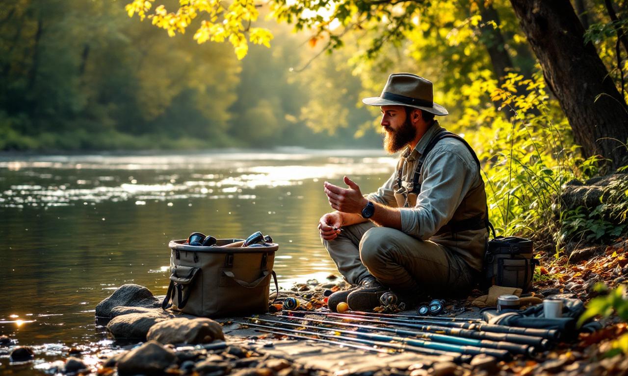 Изображение рыбака, выбирающего спиннинг для ловли жереха на берегу живописной реки.