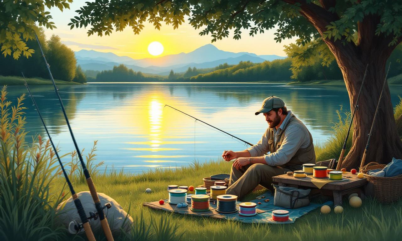A fisherman at a lakeside preparing different fishing lines for float fishing at sunset.