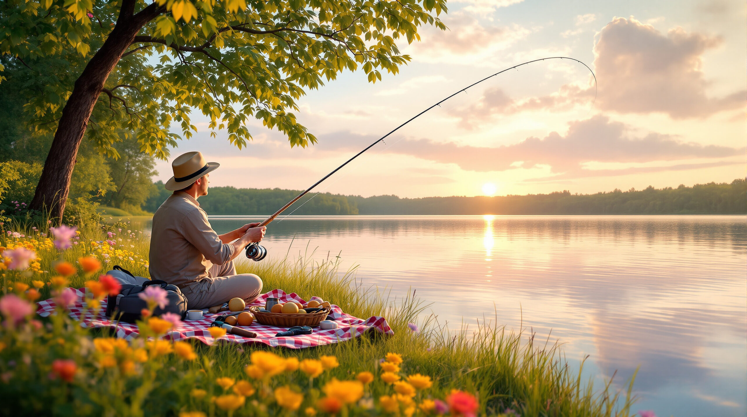 Рыбак ловит рыбу с берега озера на донку во время заката.