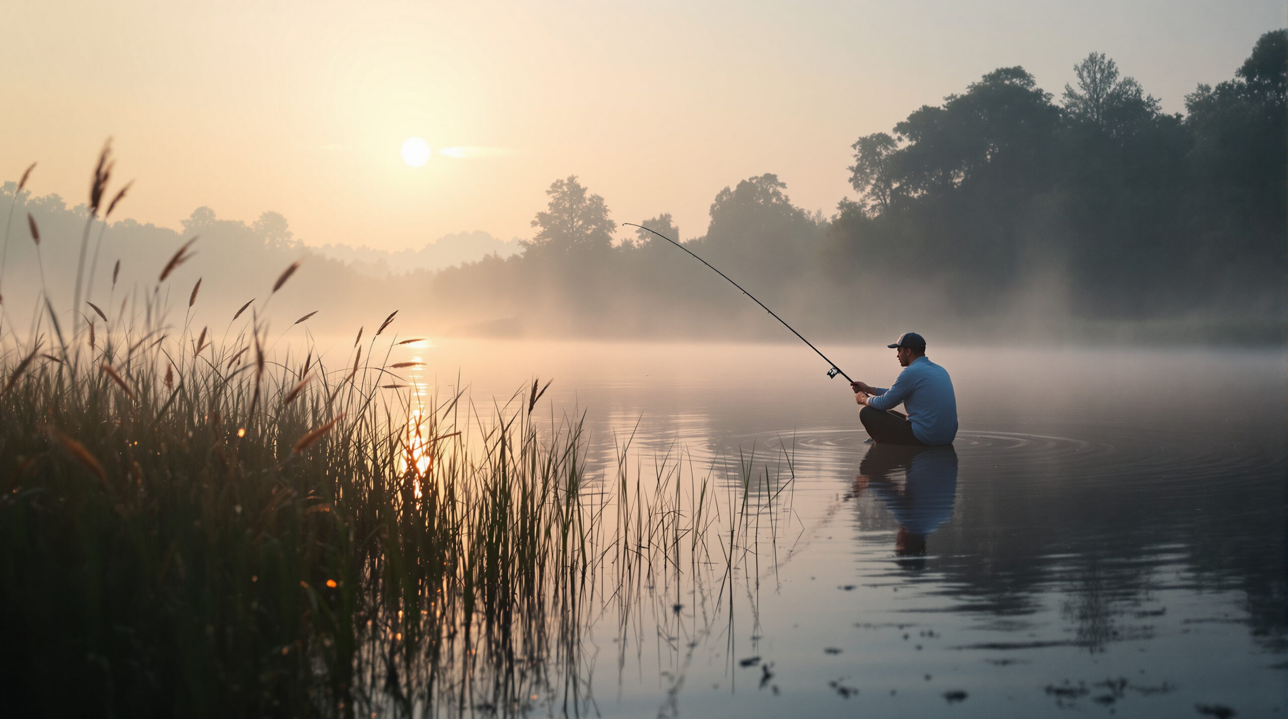 Рыбак на берегу реки с фидеров в легком тумане на рассвете в киношном стиле.