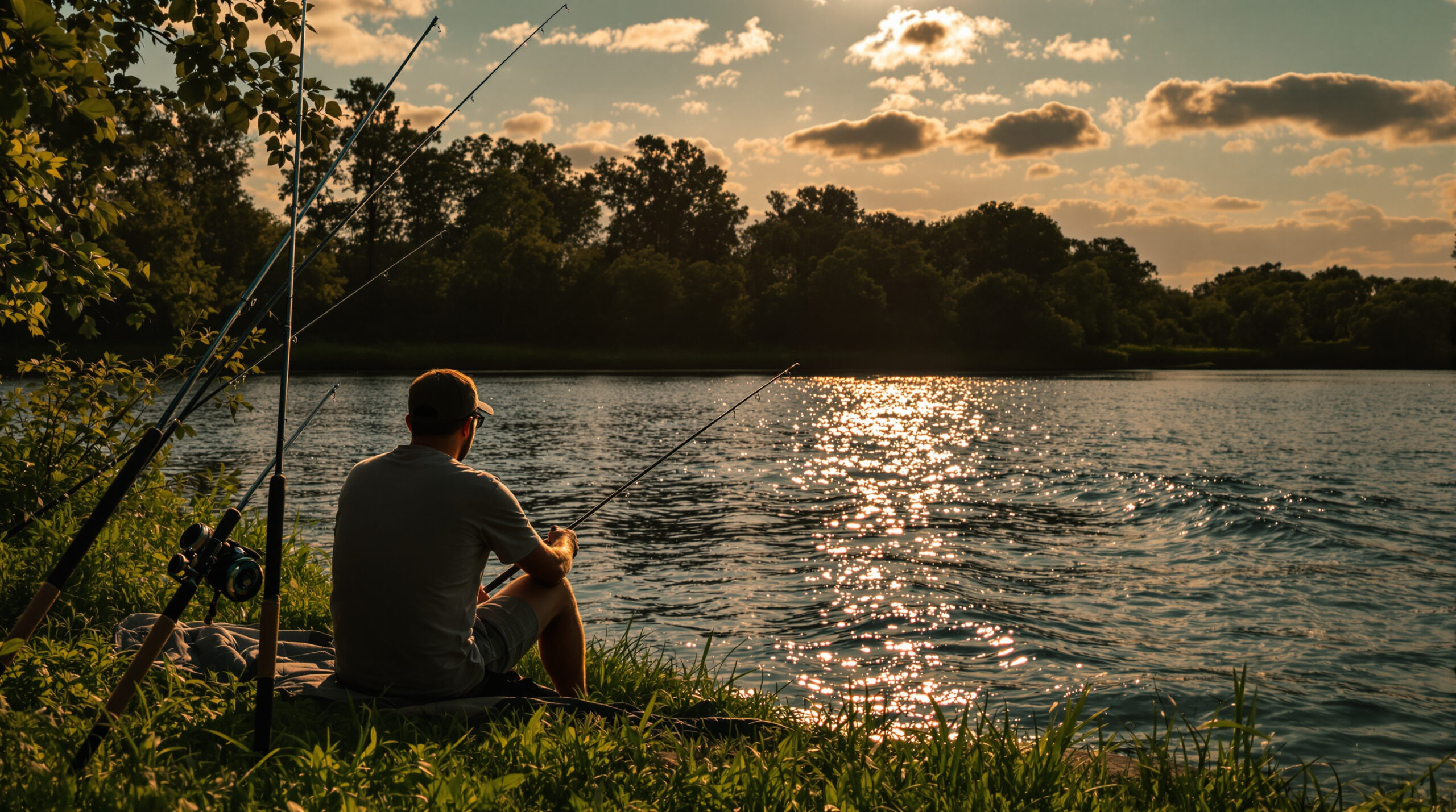 Рыбак на берегу реки с двумя фидерами рядом.