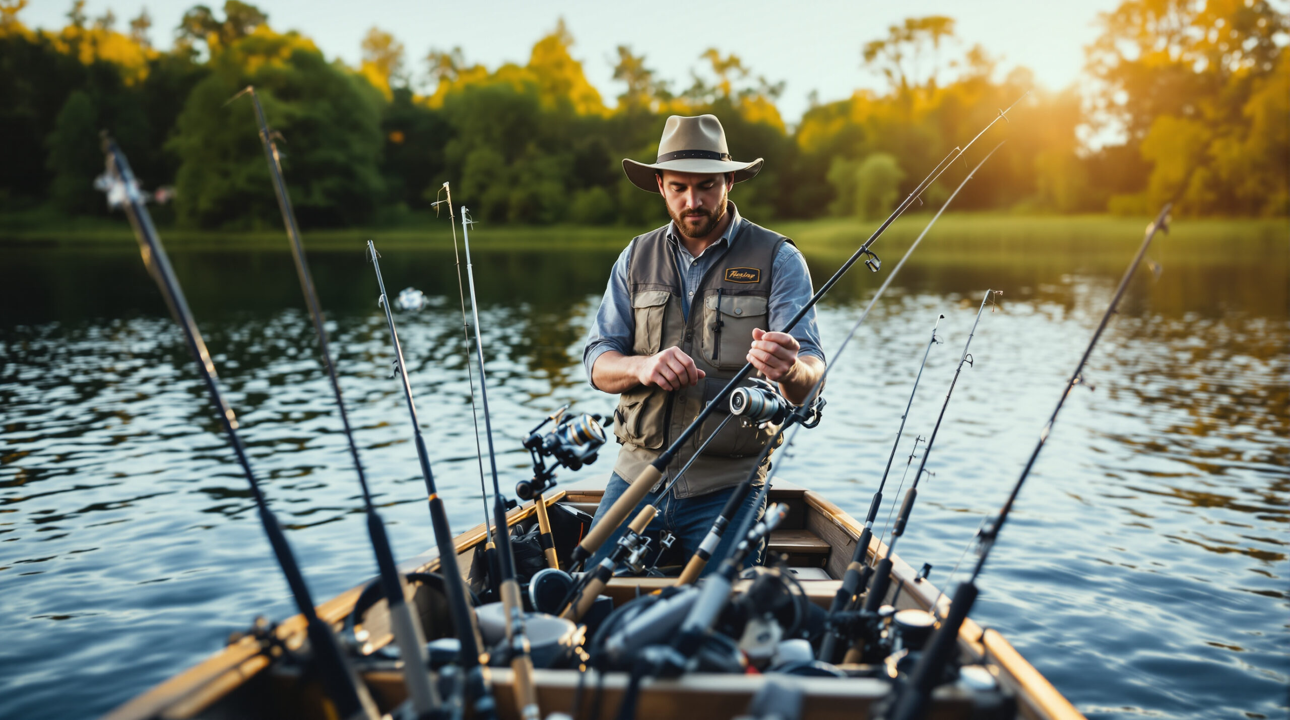 Картинка рыбака на берегу озера, выбирающего спиннинг для троллинга.