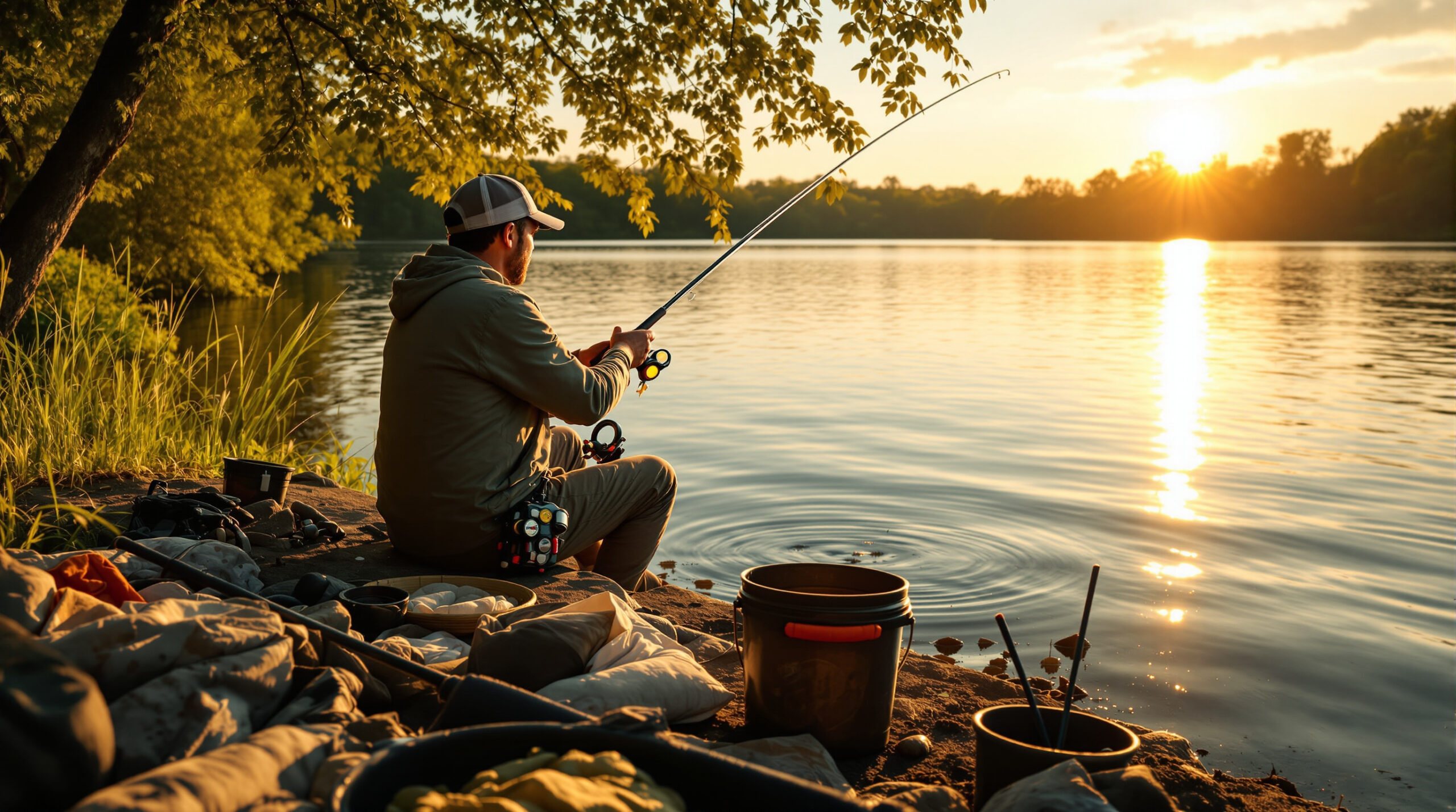 Мужчина ловит крупного леща на берегу озера на закате.