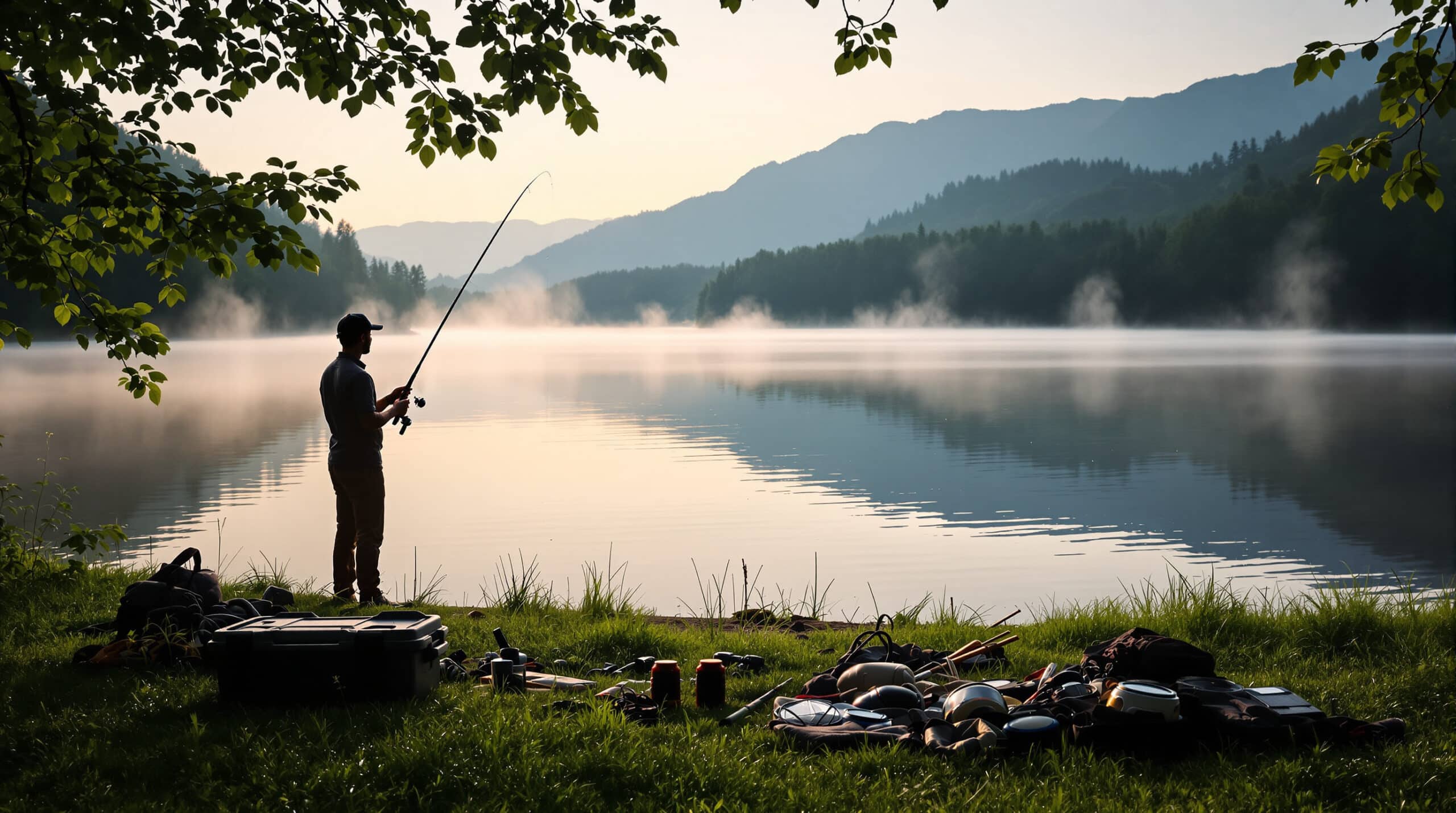 Рыбак на берегу озера, ловит рыбу с помощью спиннинга на фоне утреннего неба.