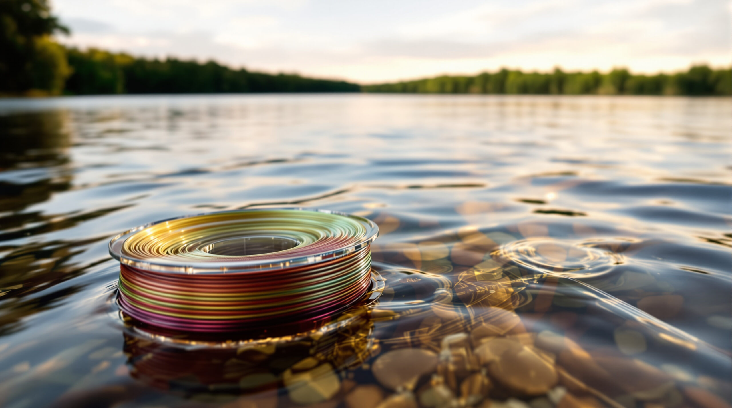 A peaceful fishing scene at sunrise displaying different types of pike leaders: braided wire, titanium, and fluorocarbon.