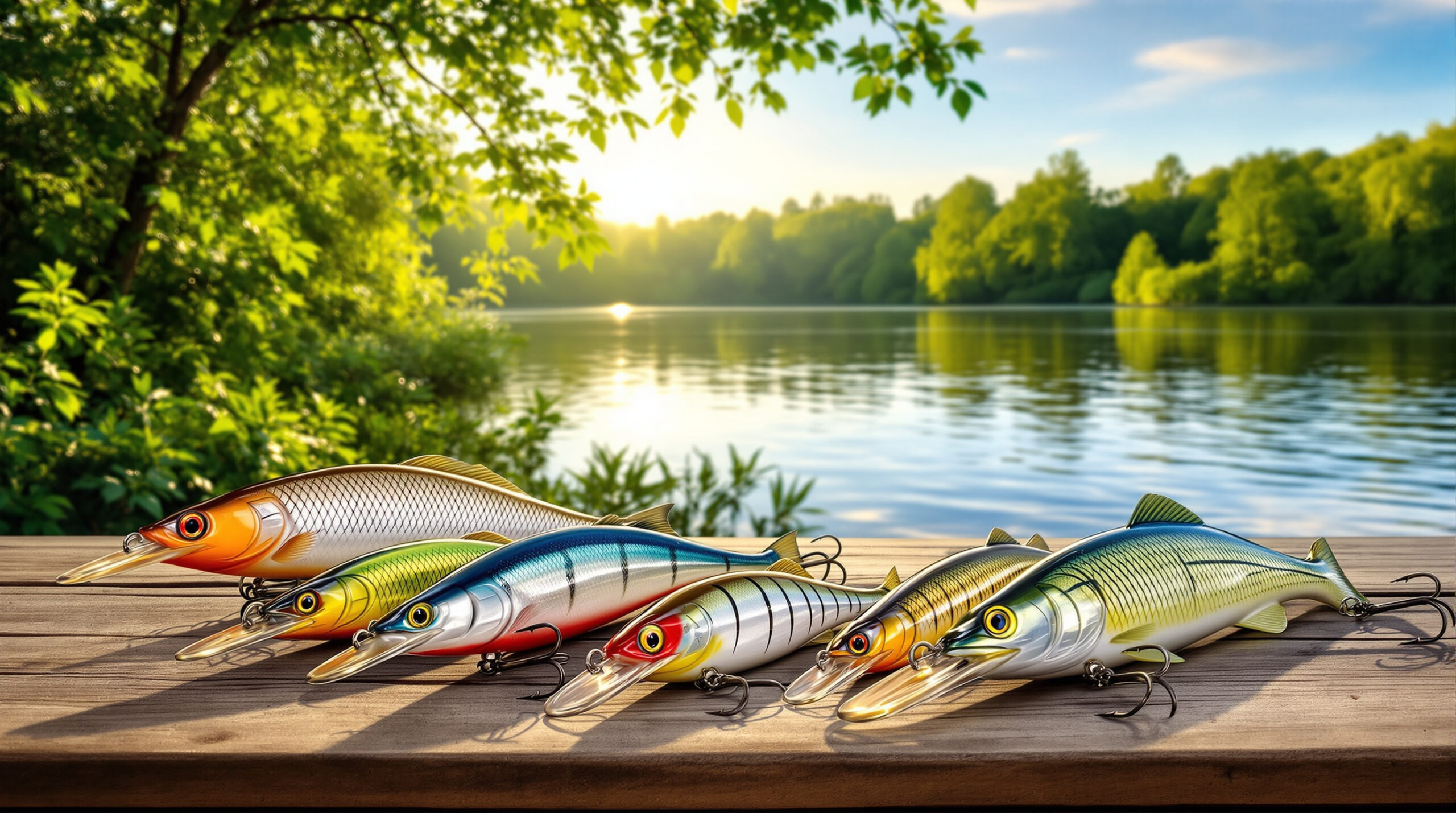 Визуализация различных рыболовных приманок на фоне водоема с мягким светом от восходящего солнца.