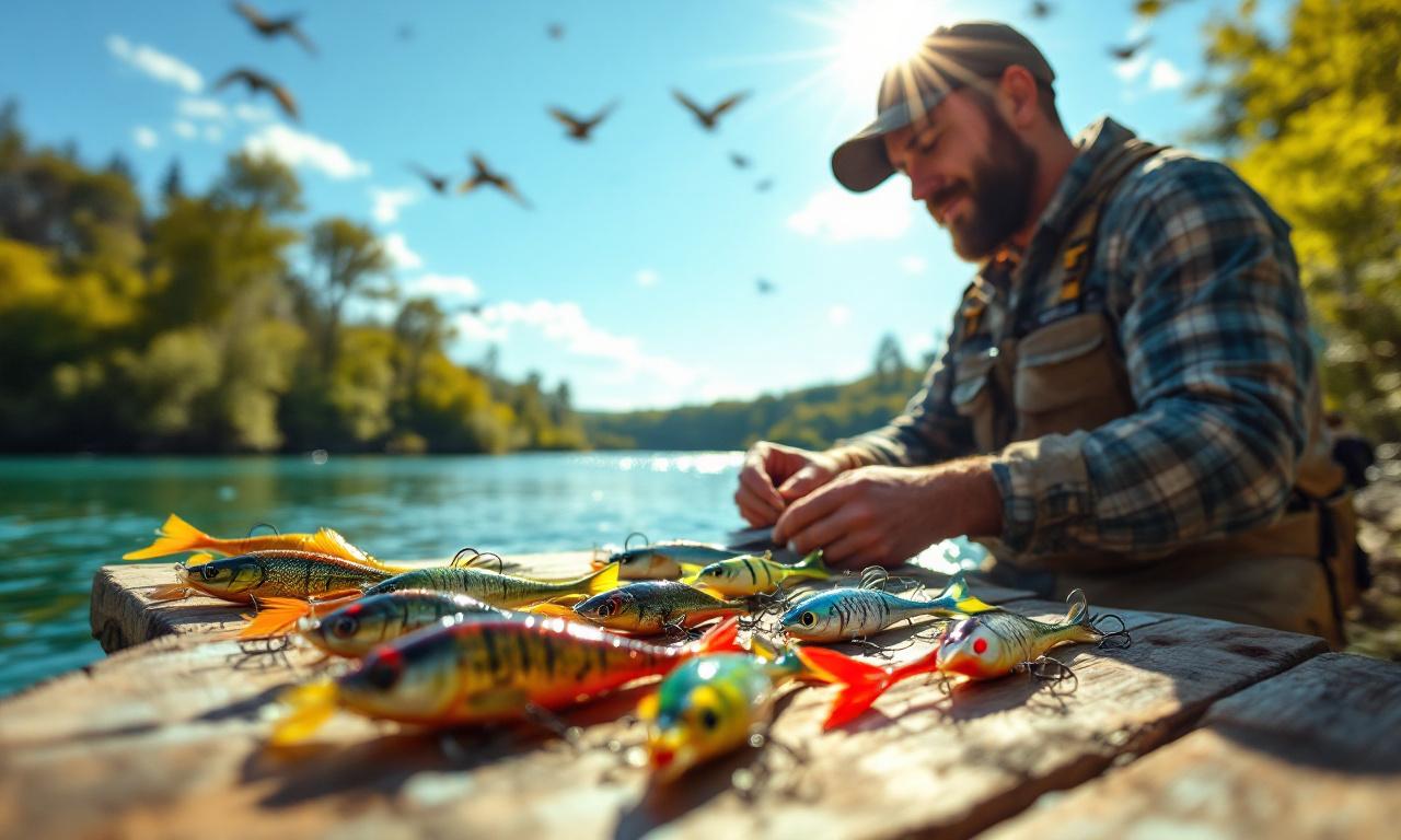 Сцена рыбалки, где рыбак выбирает воблеры для окуня на солнечном берегу.