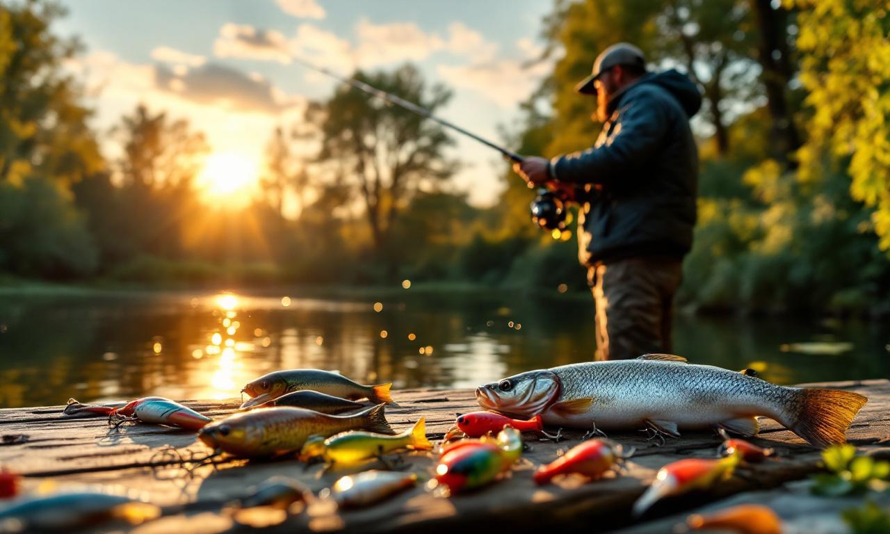 Рыбачий момент на реке с удочкой и приманками для жереха на столе.