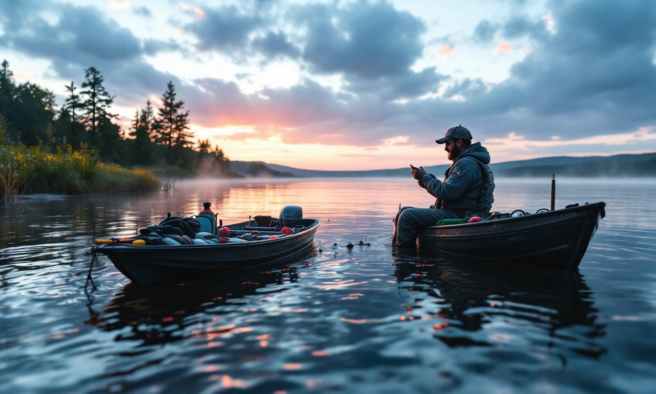 A fisherman trolling for pike perch at dawn on a serene lake, surrounded by colorful lures and lush nature.