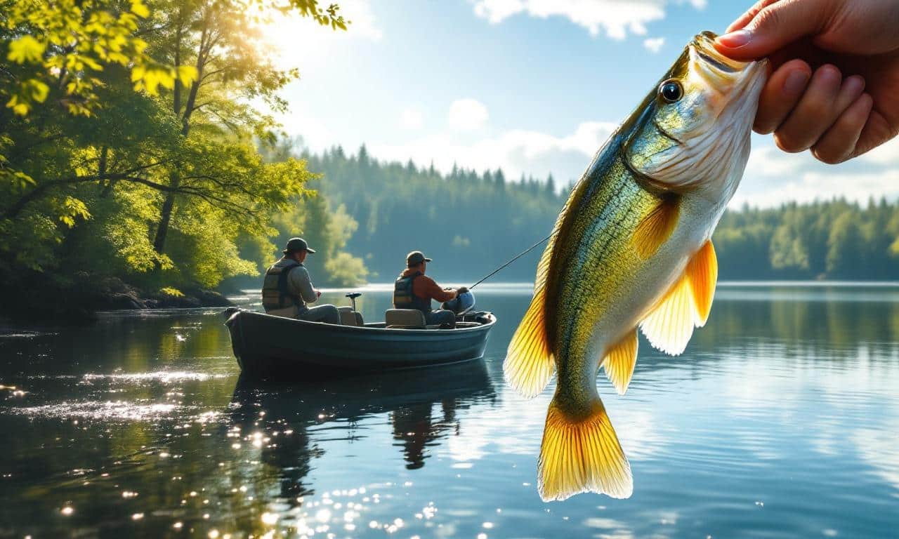 Тихая сцена с рыбалкой днем на озере, где рыбаки ловят судака.