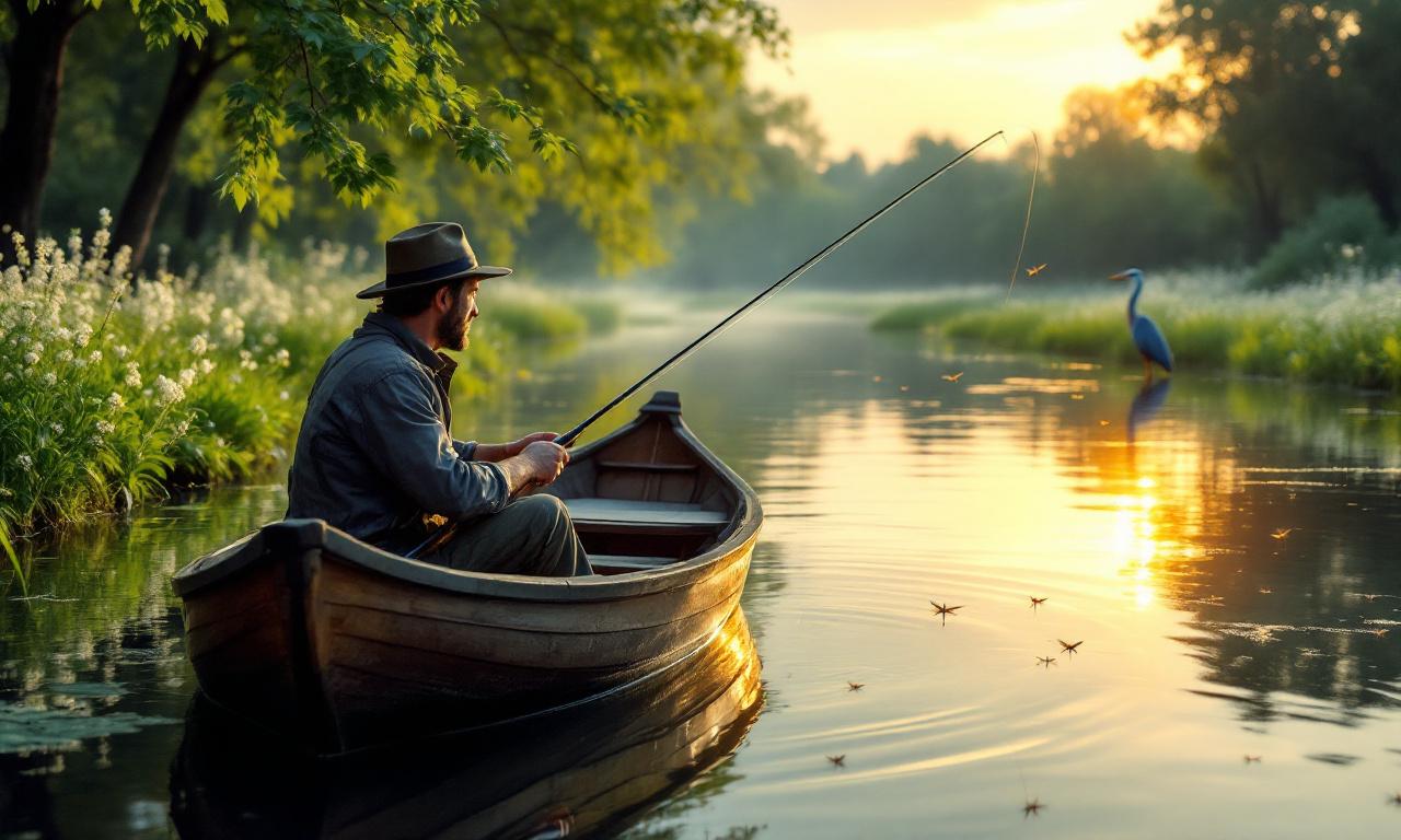 Рыбак на маленькой лодке ловит плотву на поплавок на спокойной реке у рассвета.