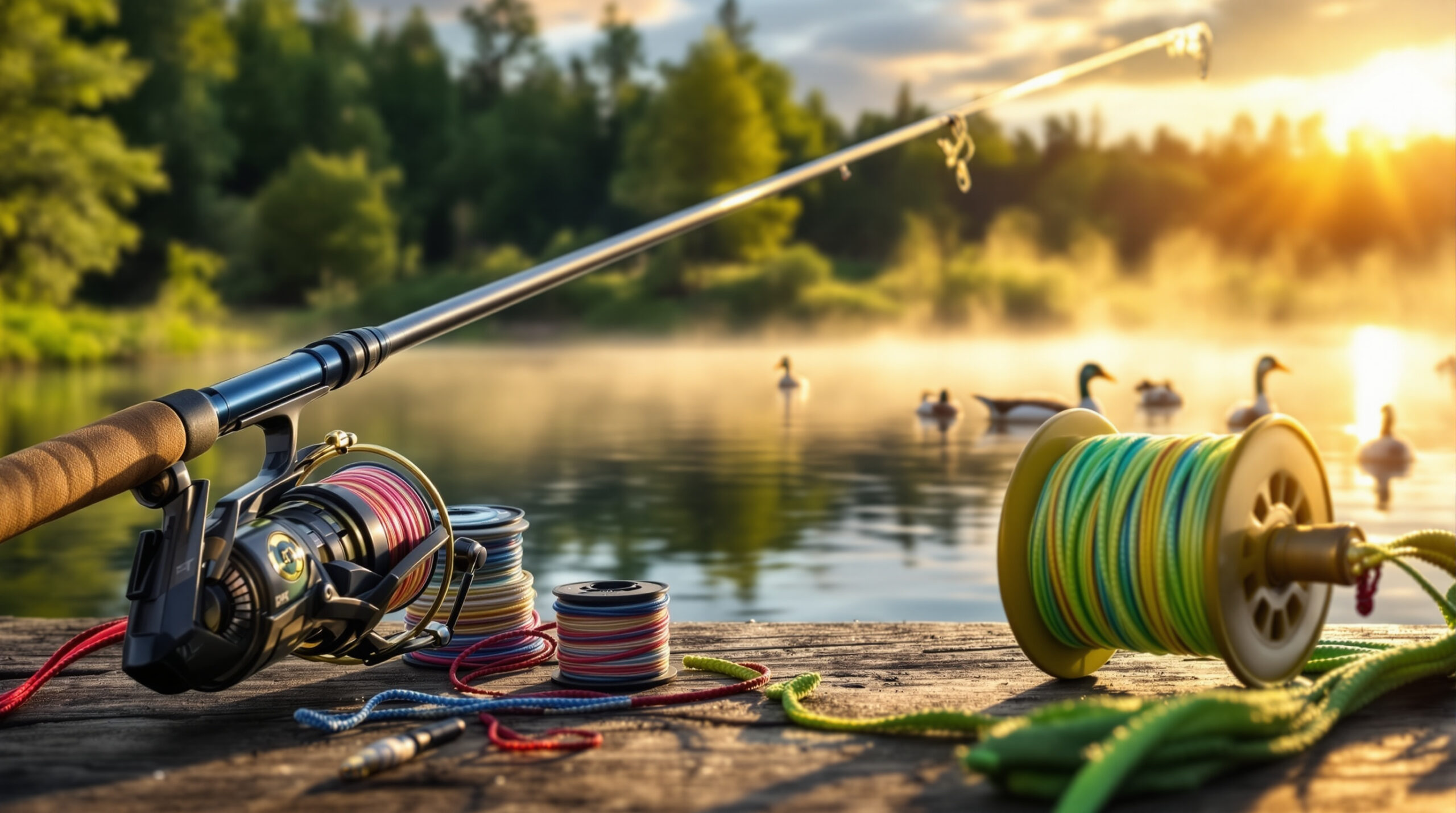 Сцена с устройством для троллинга, показывающая качественную удочку и катушку на фоне спокойного озера на рассвете.