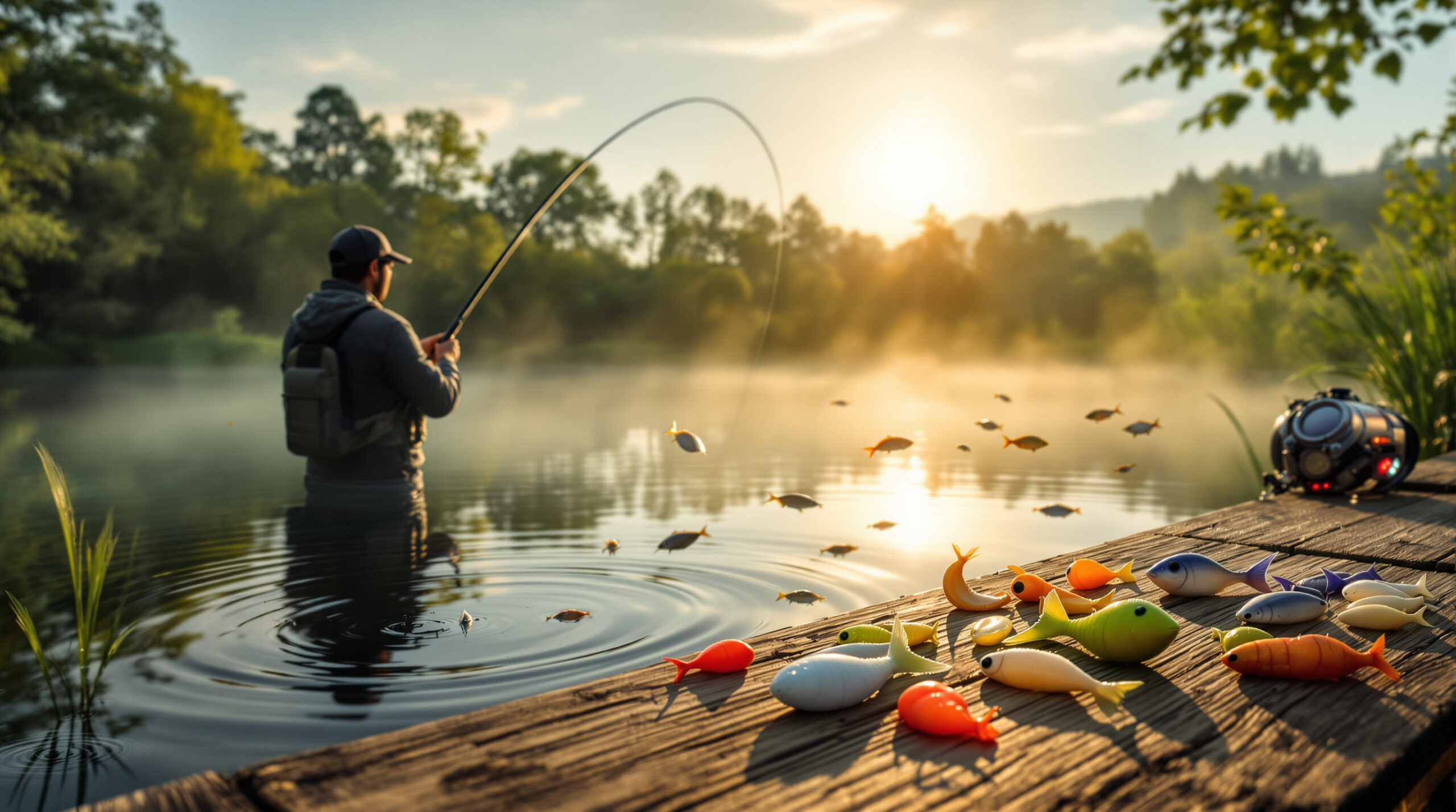 Sierra de pesca en un lago sereno al amanecer con un pescador lanzando su línea.