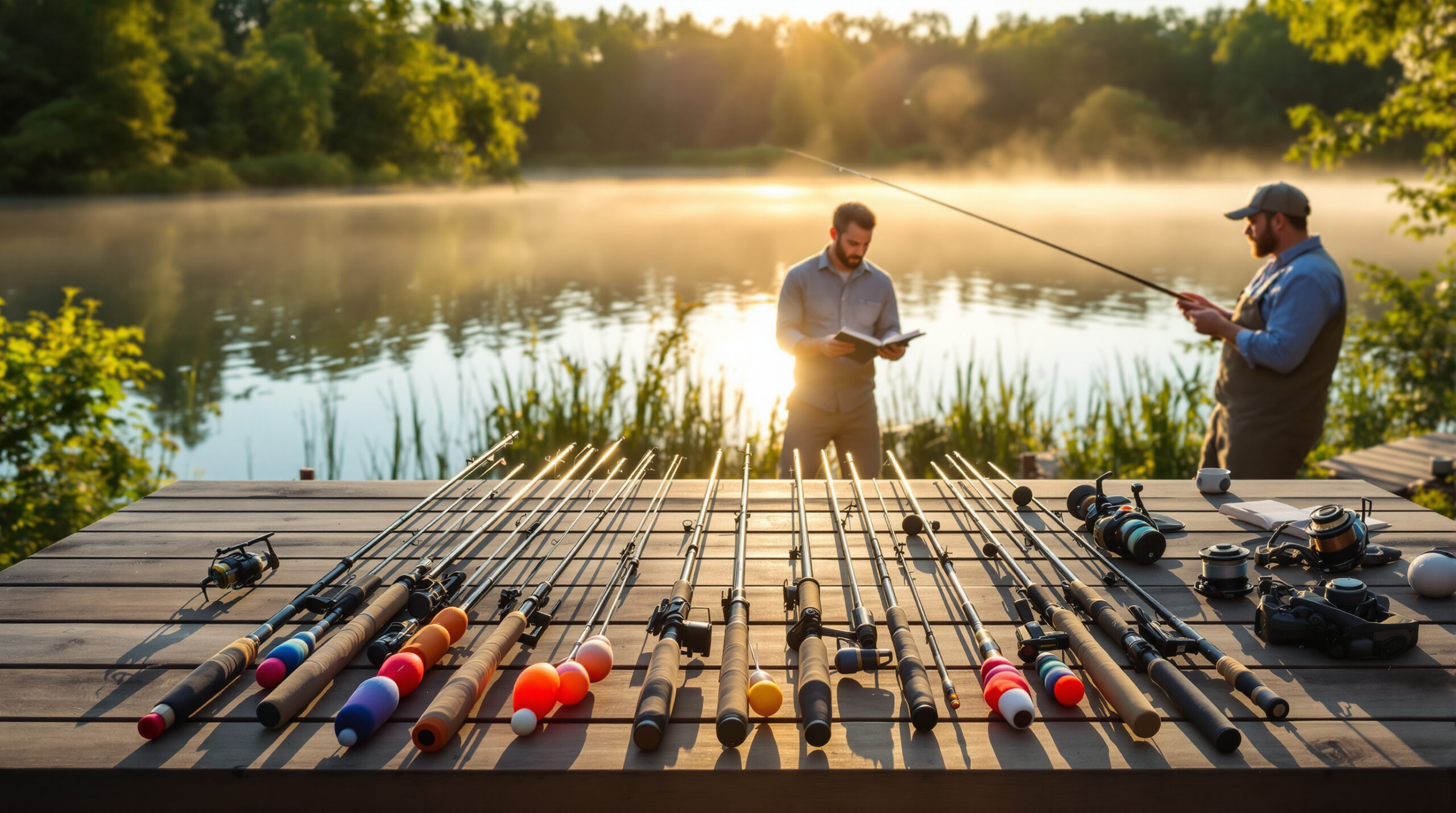 Сцена на tranquil озере с поплавочными удочками и рыбаками.