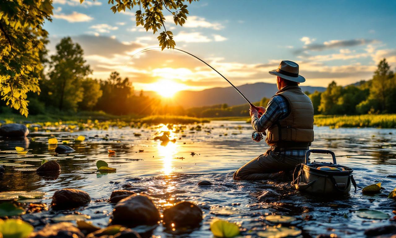 Изображение рыбака, ловящего жереха на спиннинг у реки во время заката.