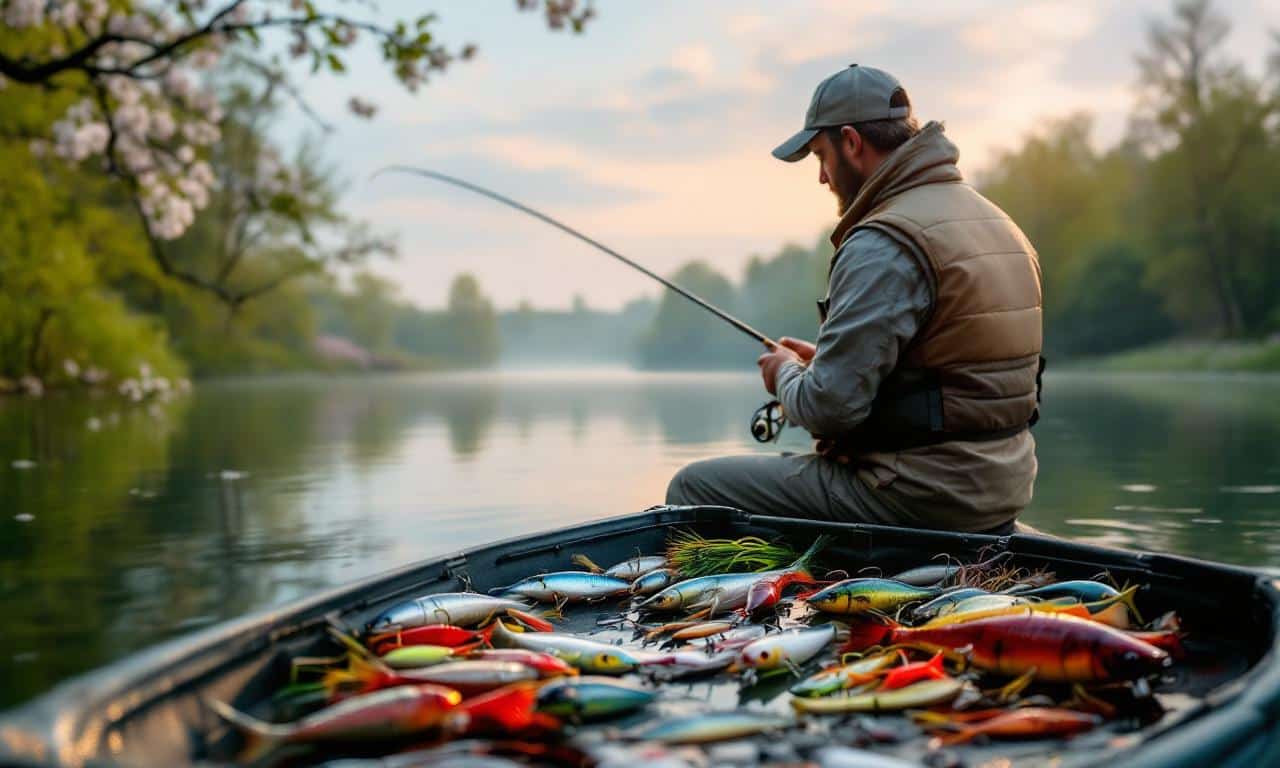 Сцена рыбалки на судака весной на спокойном озере при восходе солнца.