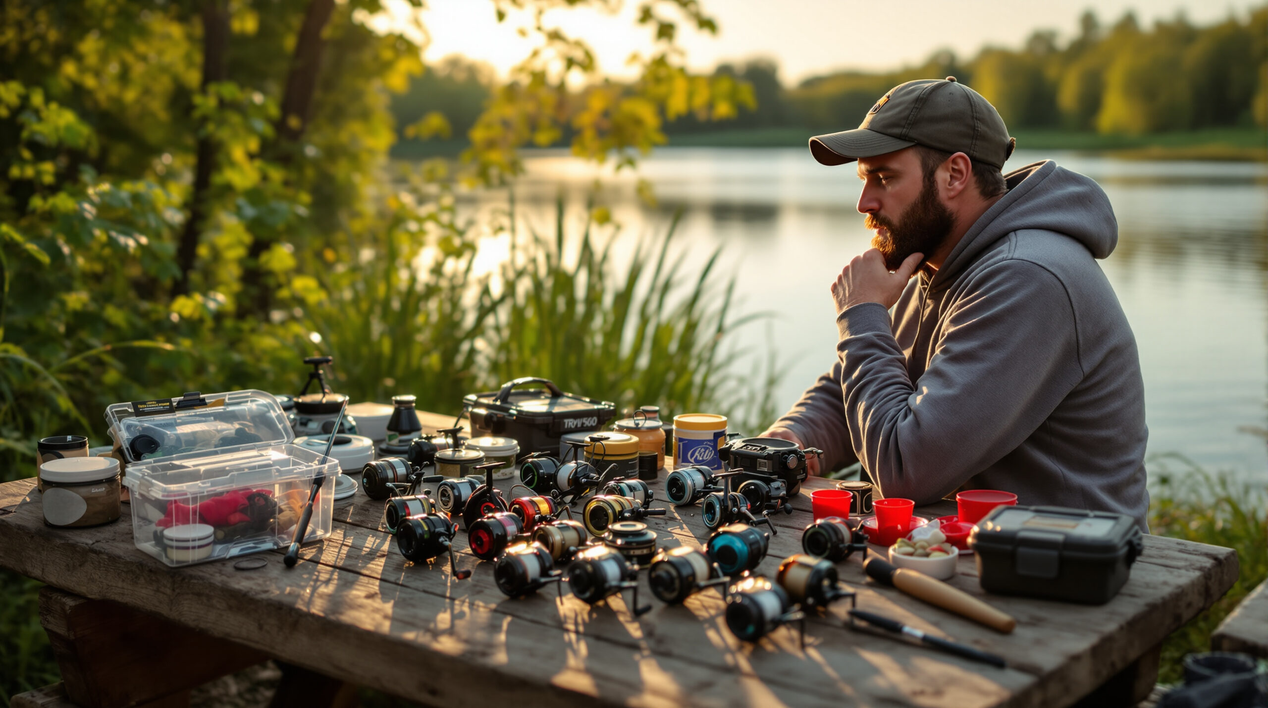 Человек выбирает катушки для фидера у спокойного озера, окруженного зеленью, при теплом свете заката.