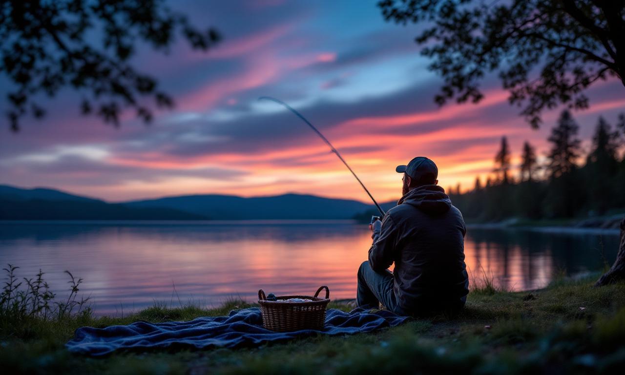 Спокойная сцена рыбалки у озера на закате.