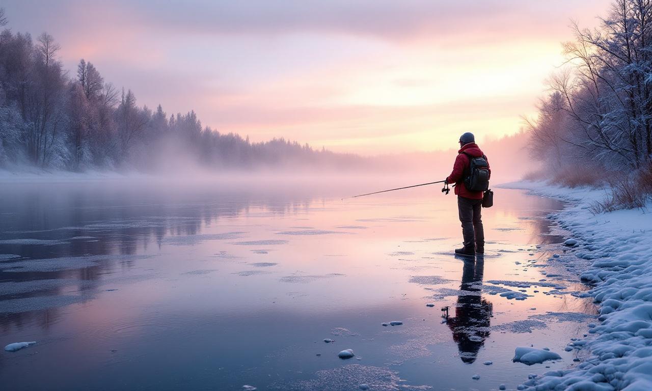 Зимняя сцена с рыбаком на последнем льду и отражениями в озере.