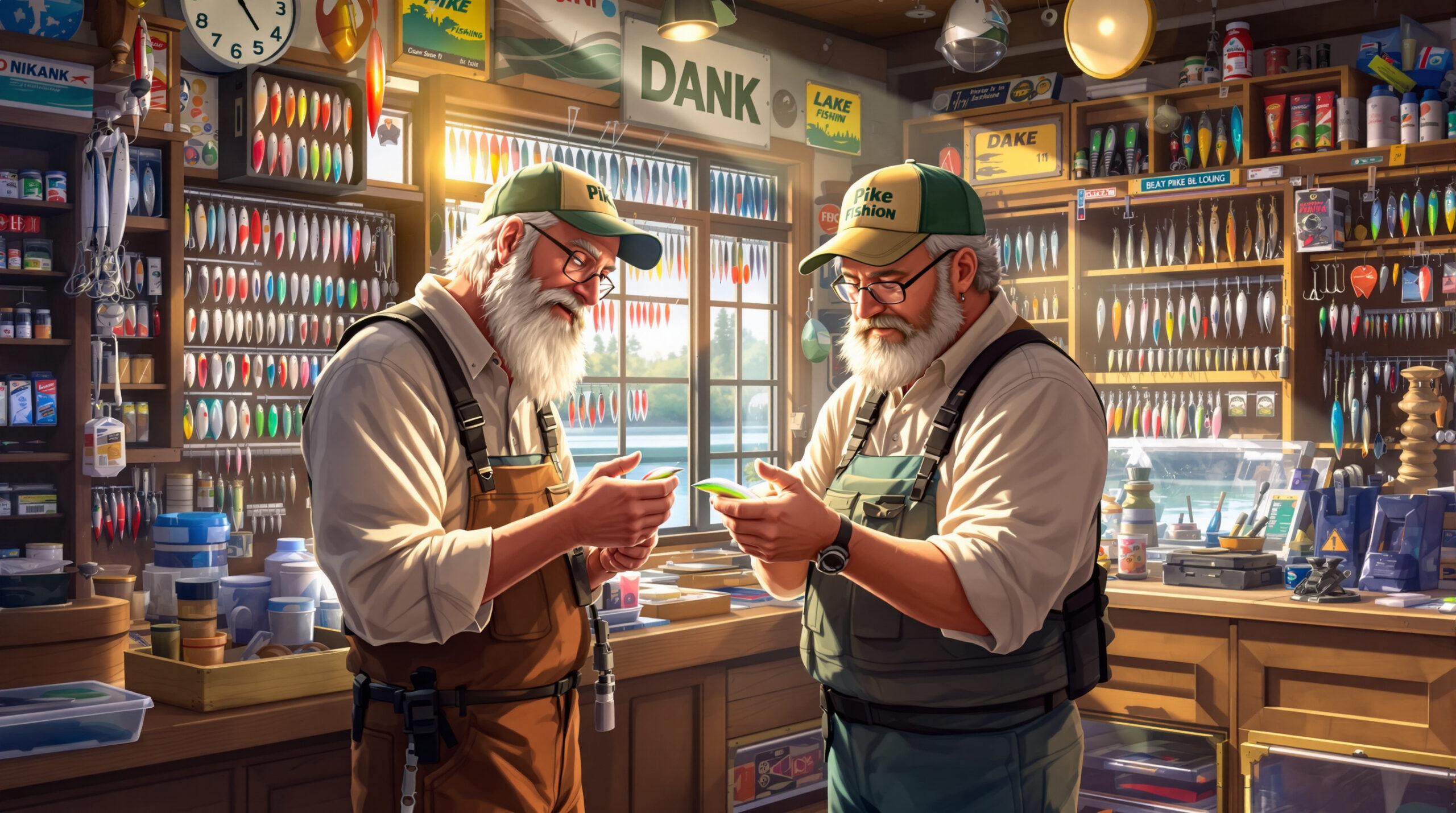 Мужчина выбирает воблер для ловли щуки в магазине рыболовных принадлежностей.