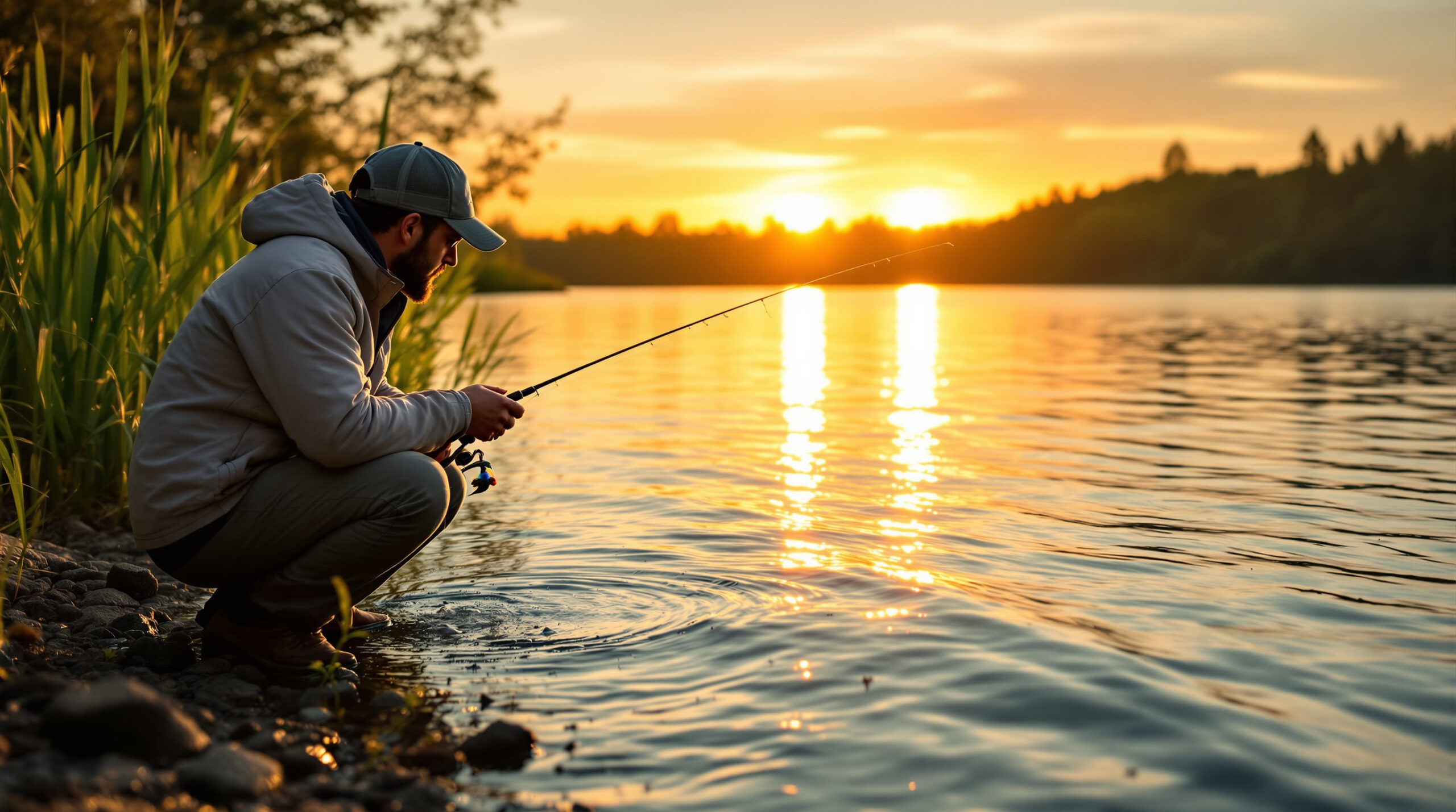 An angler practicing micro-jigging for perch at a lakeside during sunset.