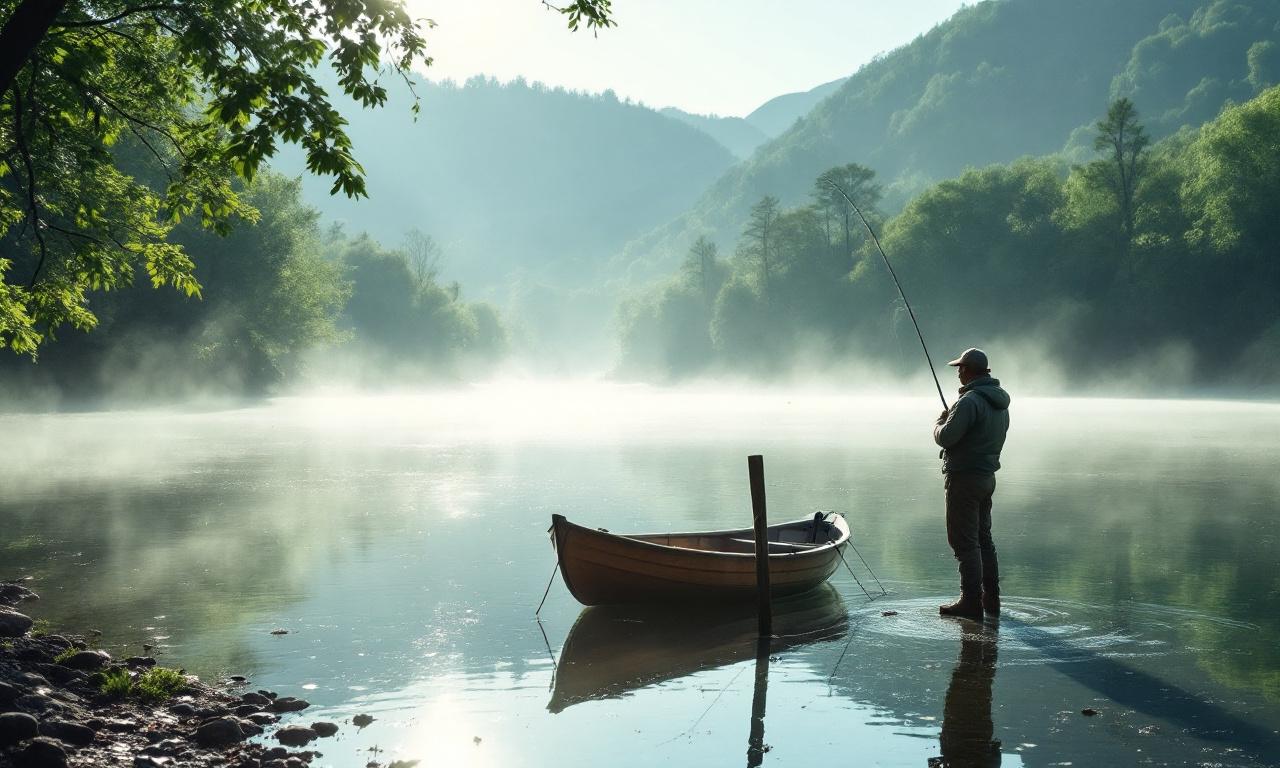 Мирная сцена на реке с рыболовом, стоящим на берегу, окружающей зеленью и утренним светом.