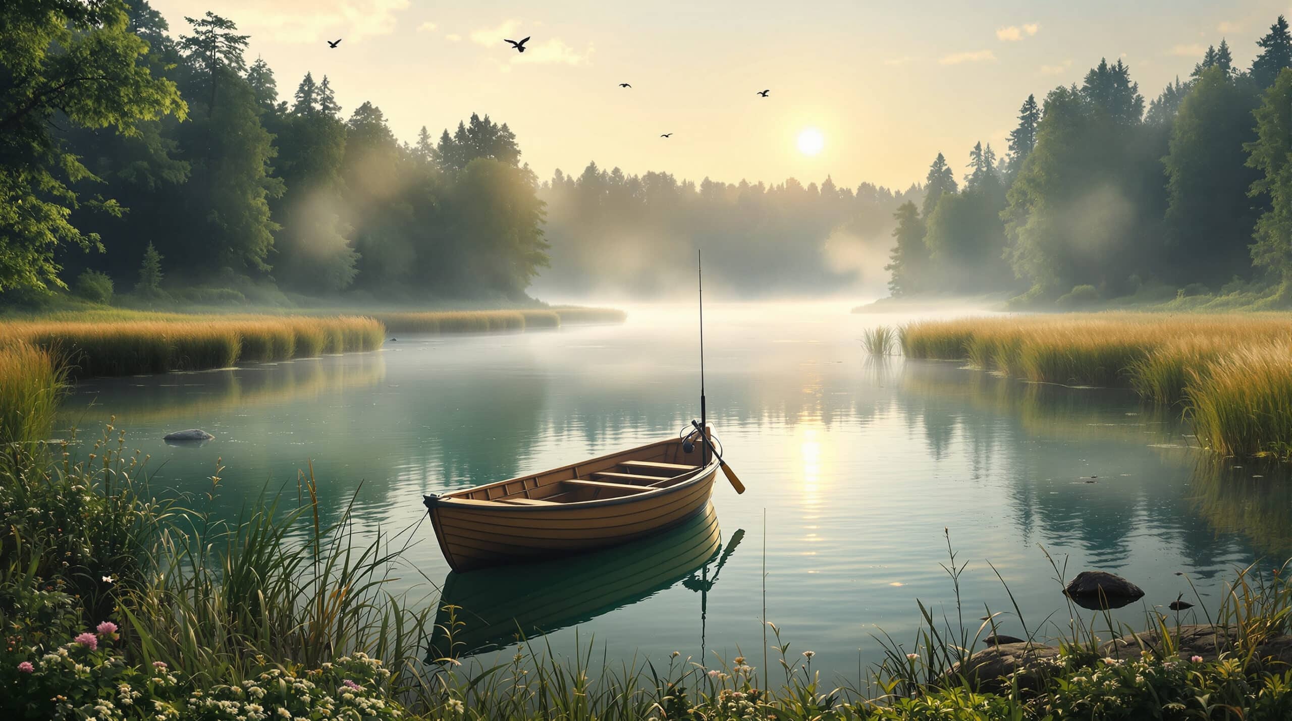 Спокойный пейзаж реки на заре с лодкой для рыбалки и растительностью.