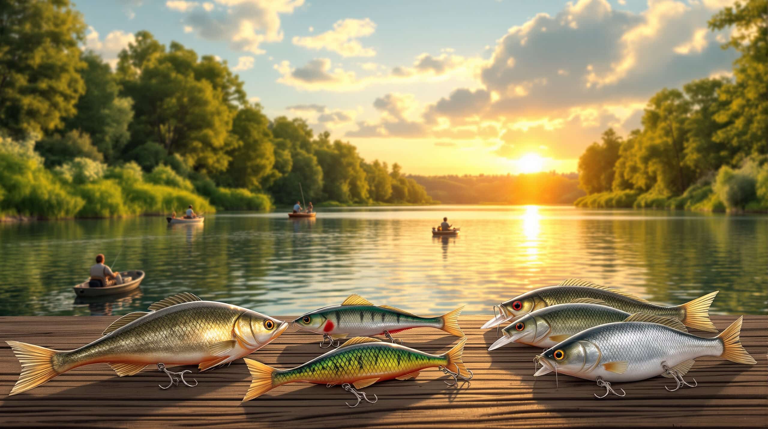 A scenic view of various silicone lures for perch fishing at sunset by a calm lake.