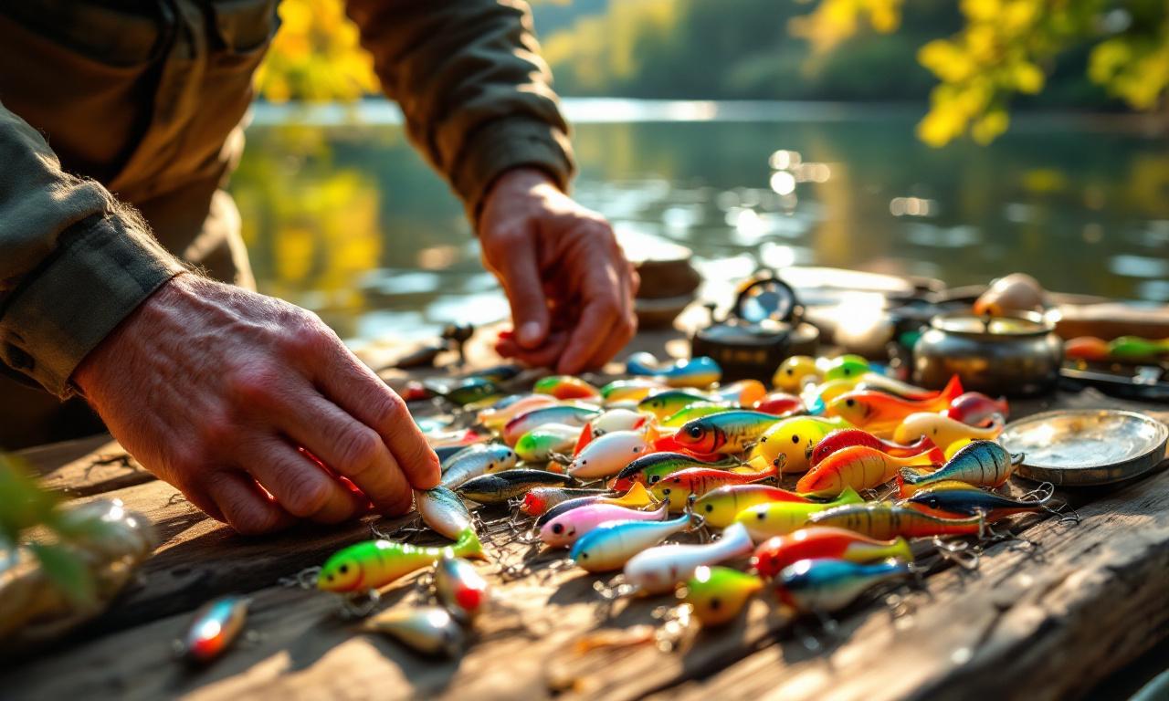 Сцена мужчины, выбирающего силиконовые приманки для рыбалки среди различных размеров и форм на столе.