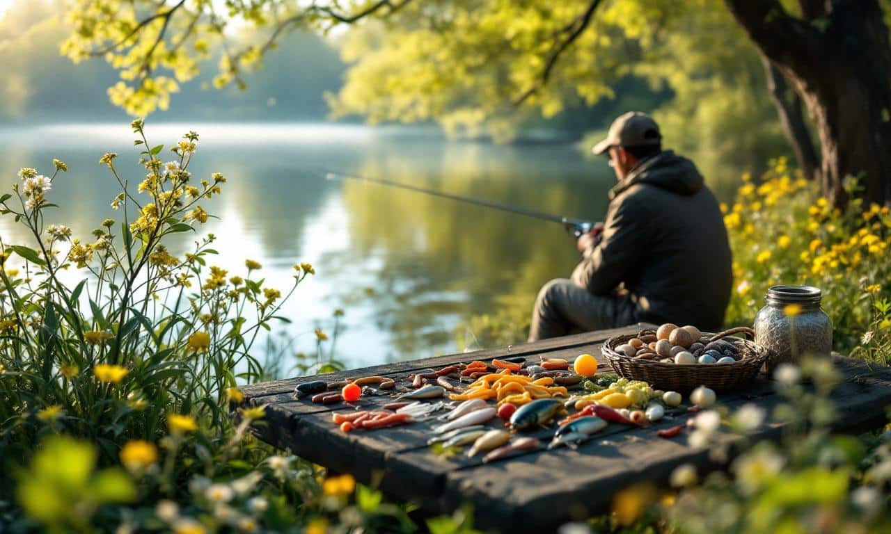 Сцена весенней рыбалки на спокойном озере с рыбаком и наживками.