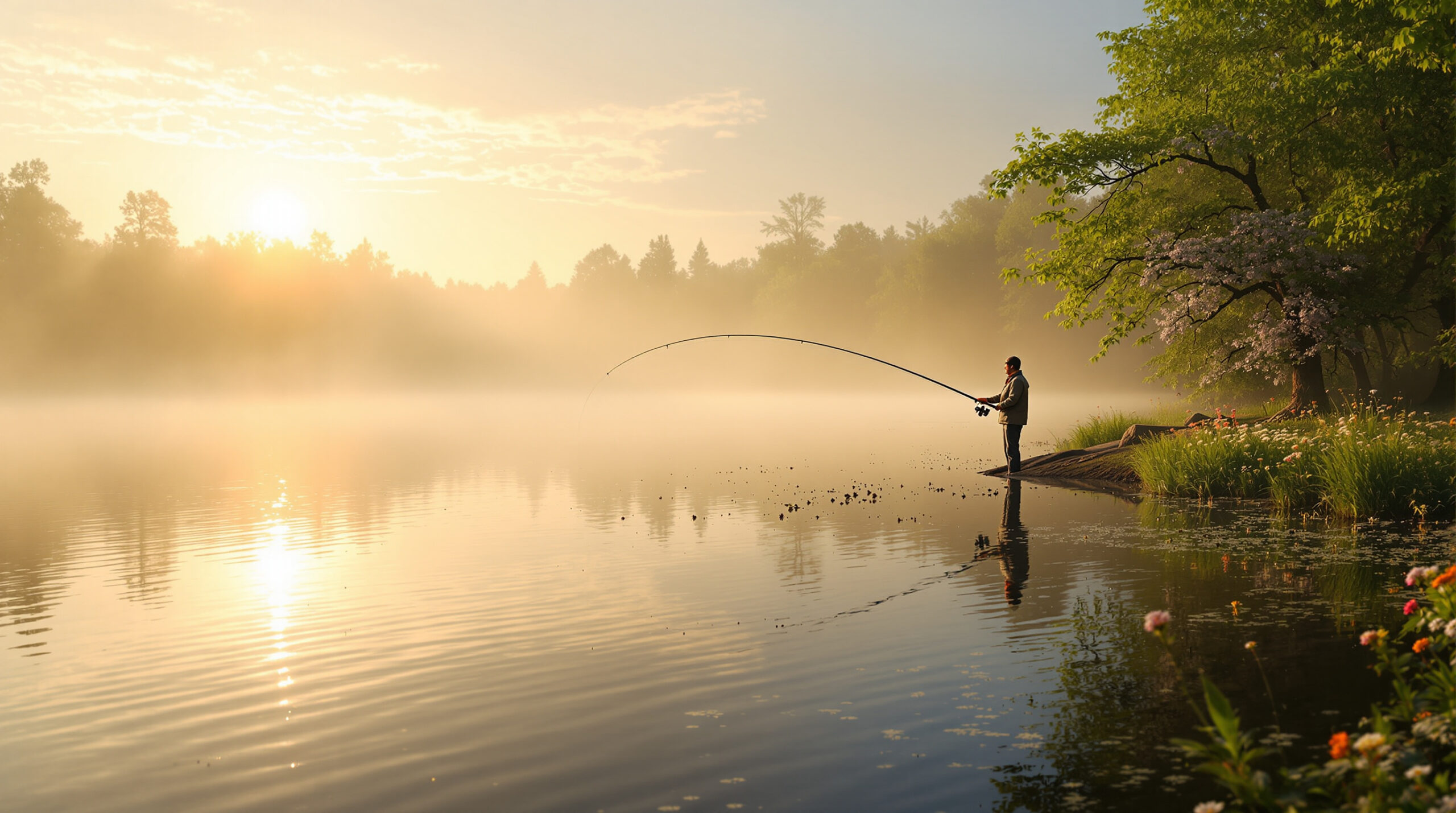 Сцена весенней рыбалки на озере с рыбаком и восходящим солнцем сквозь туман.