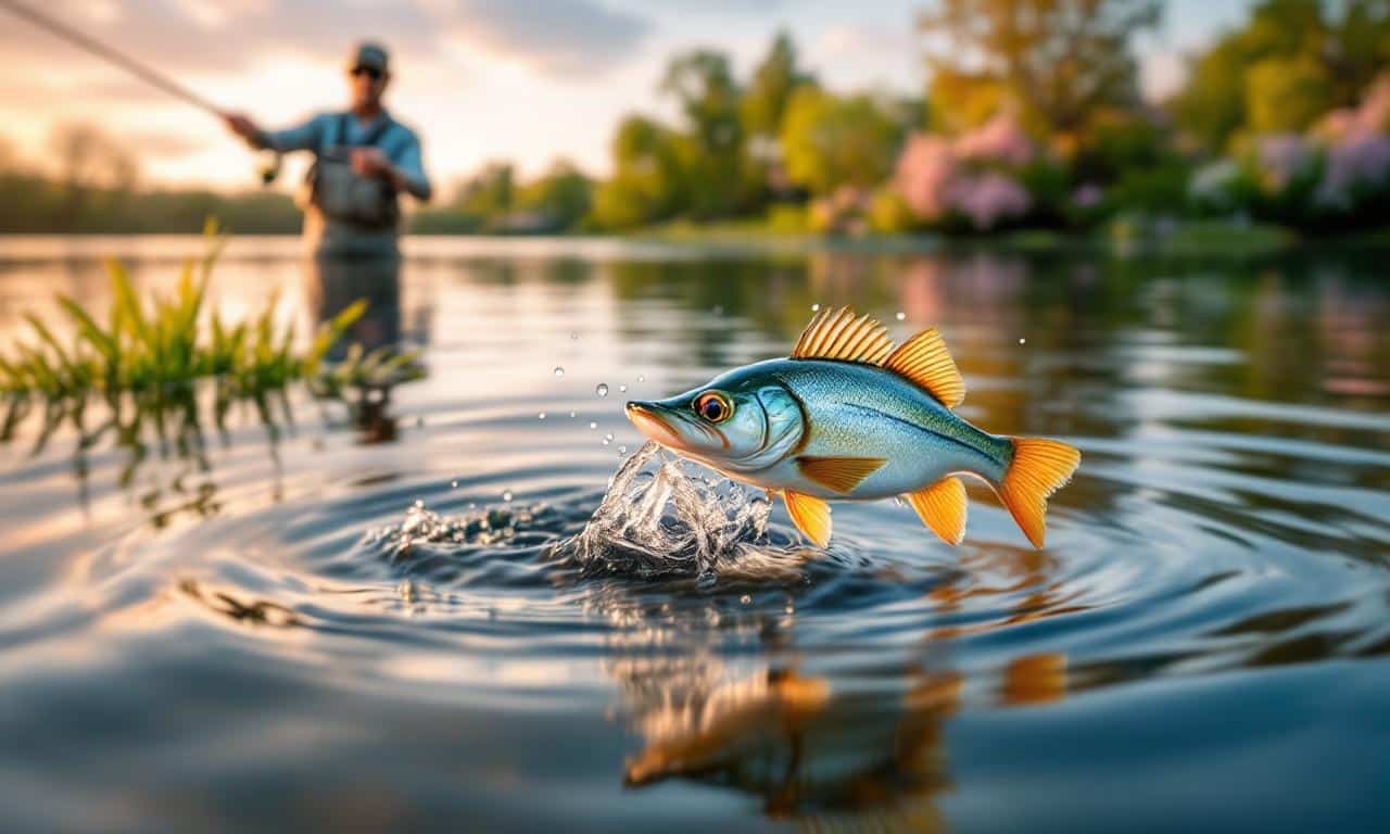 Сцена весенней рыбалки на спокойном озере с рыбаком и красивым рассветом.