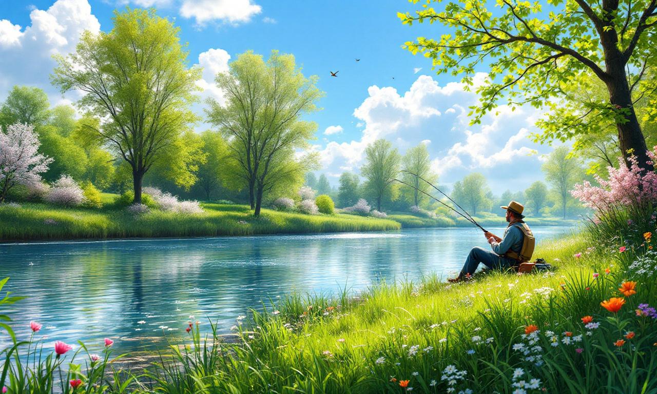 Сцена весенней ловли плотвы на берегу реки.