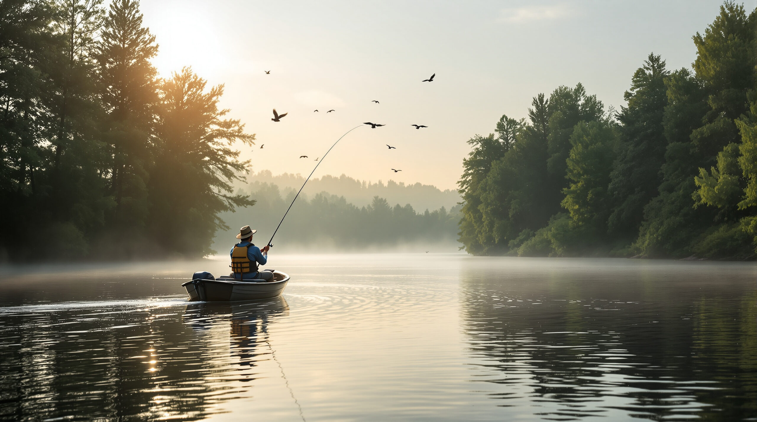 A fisherman trolling on a river at dawn, with serene nature surrounding him.