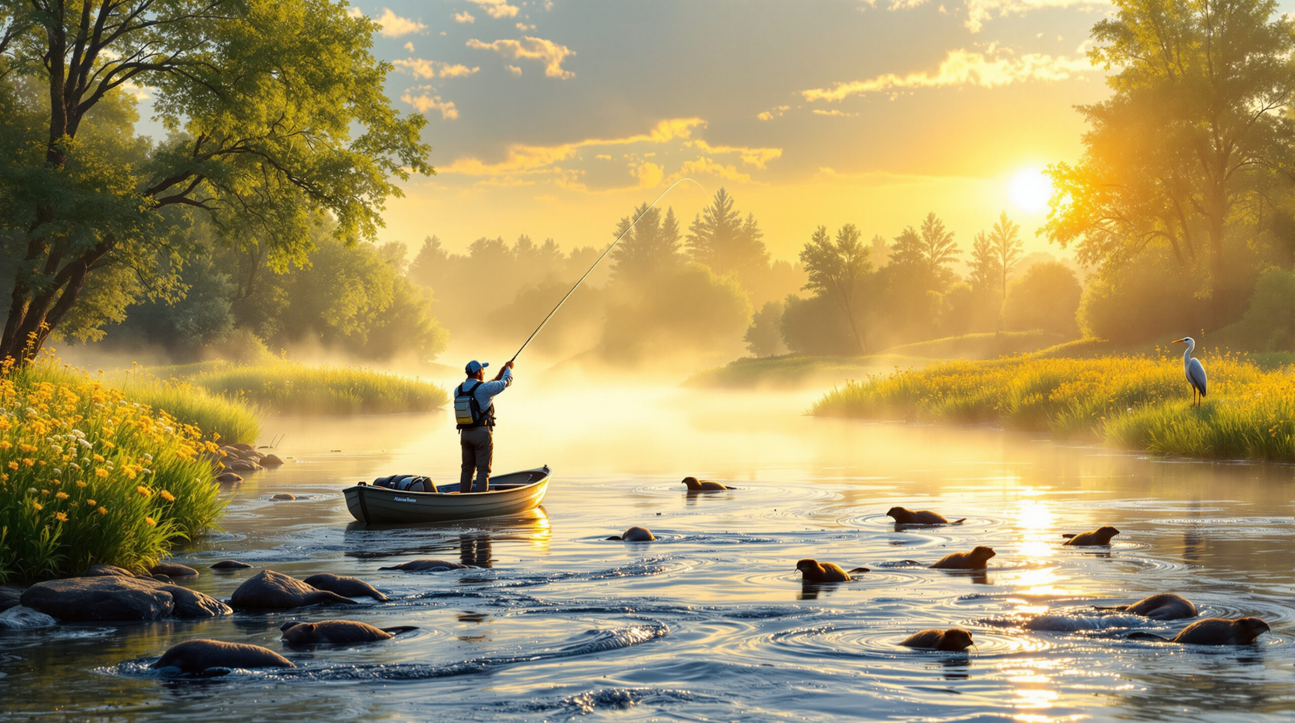 A fisherman in a boat casting a line into a serene river at sunrise, with vibrant nature around.