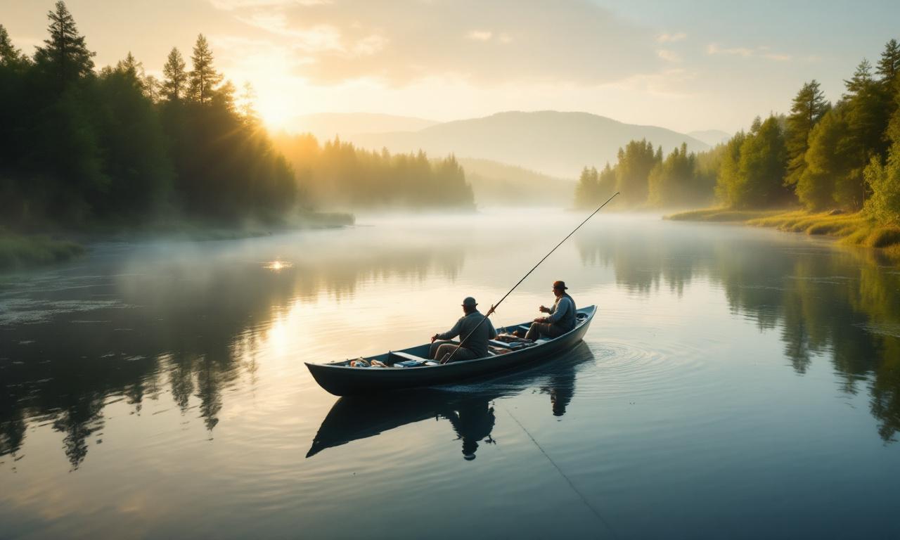 Утренний пейзаж с рыбаком на реке, ищущим жереха.
