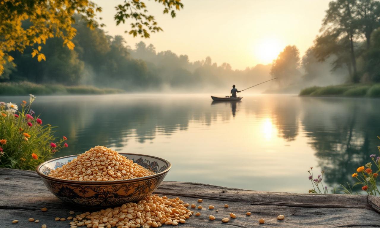 Показывает рыбака на лодке на озере с наживкой для леща.