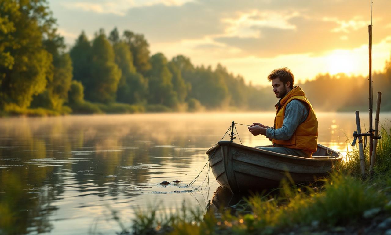 Молодой рыболов у озера, сталкивающийся с ошибками при ловле карпа на фоне заката.