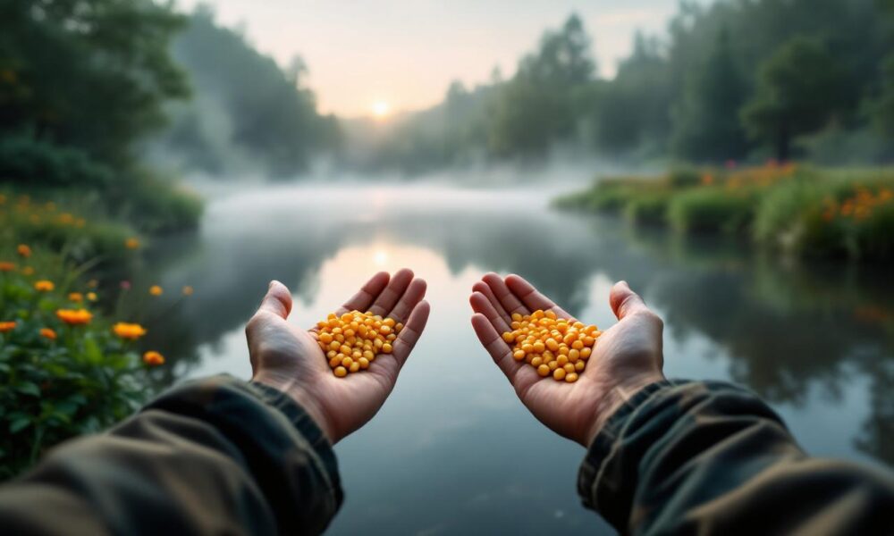 Пейзаж на берегу реки с рыбаком, держащим наживку и кукурузу, легкий туман над водой.